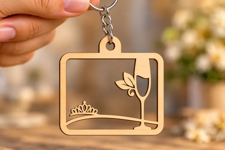 Rectangle Champagne Glass Crown Landscape Keychain Laser Cut