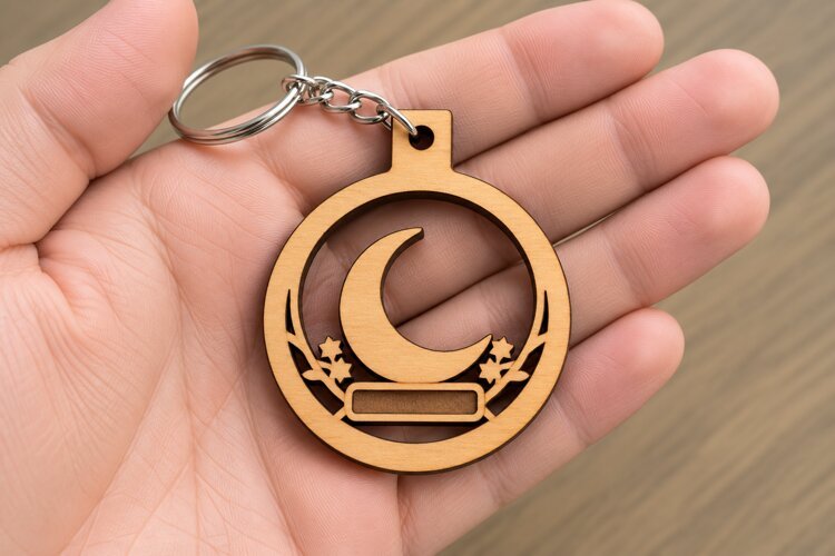 Round Crescent Moon Star Floral Keychain Laser Cut SVG, Key example image 1