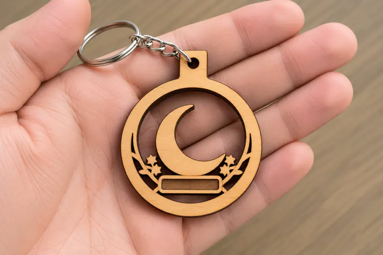 Round Crescent Moon Star Floral Keychain Laser Cut SVG, Key