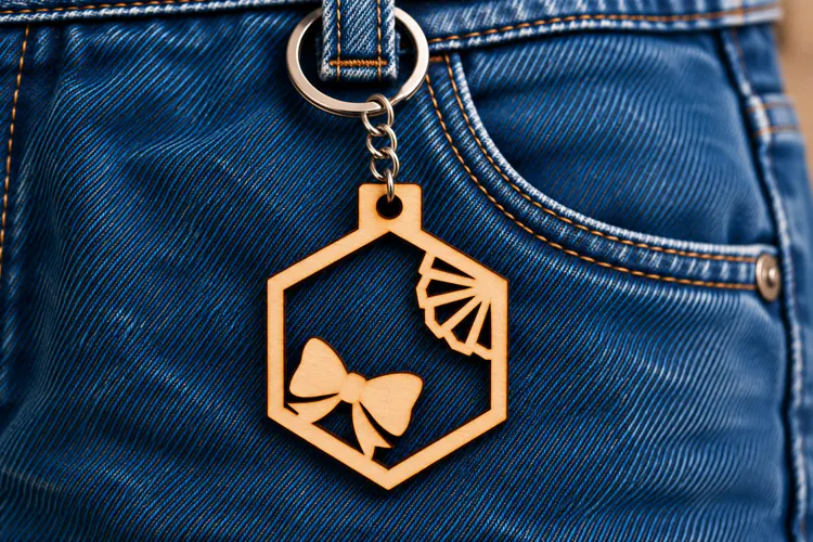 Hexagon Ribbon Bow Fan Keychain Laser Cut SVG, Geometric Key