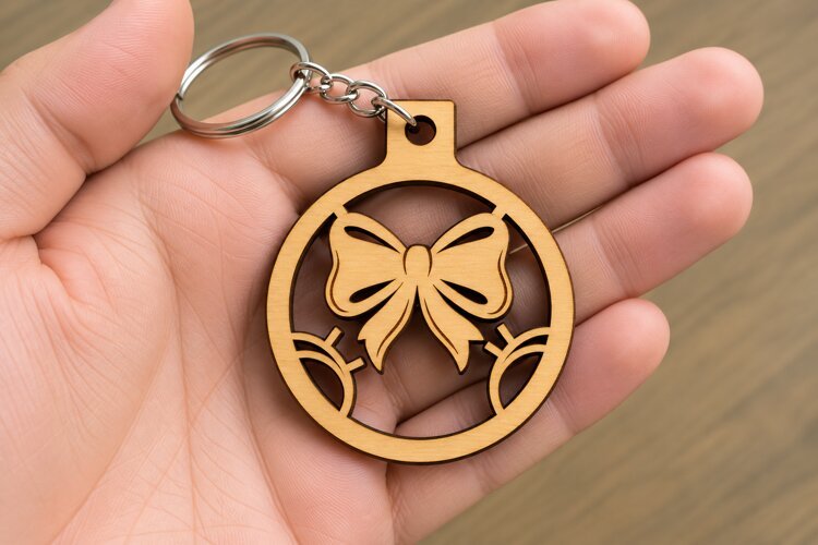 Round Ribbon Bow Floral Frame Keychain Laser Cut SVG, Circul example image 1