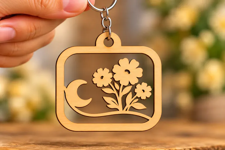 Rectangle Floral Moon Landscape Keychain Laser Cut SVG, Scen