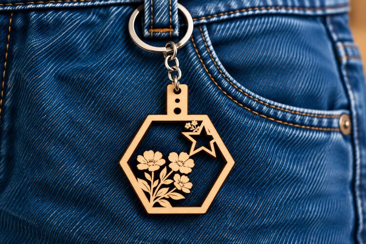 Hexagon Floral Star Geometric Keychain Laser Cut SVG, Botani example image 1