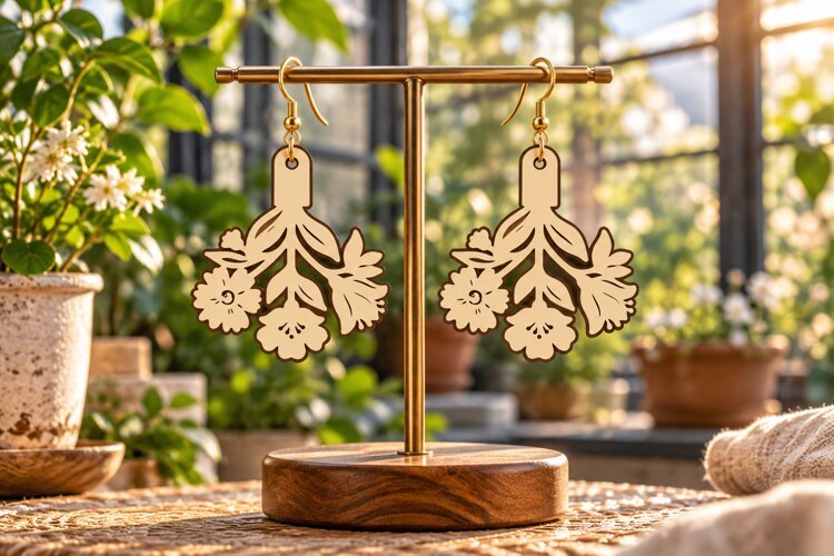 Shield Floral Garden Wooden Earrings Laser Cut SVG, Botanica example image 1