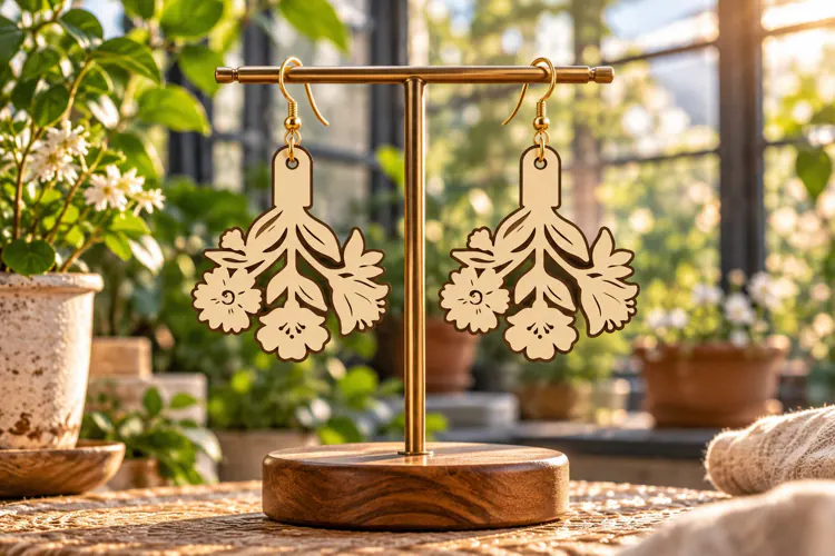 Shield Floral Garden Wooden Earrings Laser Cut SVG, Botanica