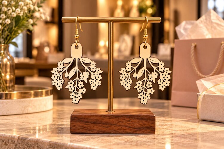 Teardrop Floral Bouquet Wooden Earrings Laser Cut SVG, Botan example image 1