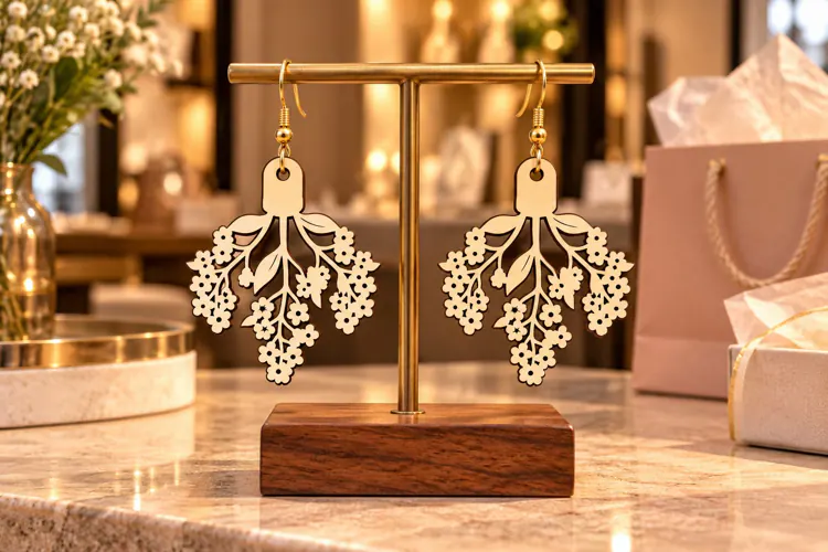 Teardrop Floral Bouquet Wooden Earrings Laser Cut SVG, Botan