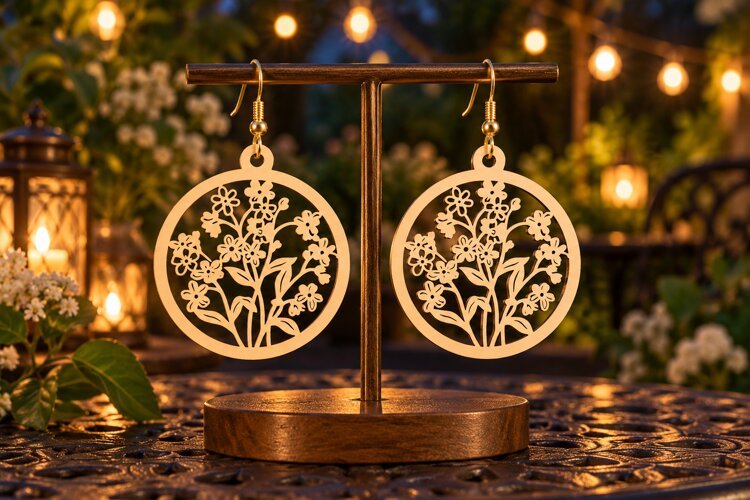 Round Floral Meadow Wooden Earrings Laser Cut SVG, Circular example image 1