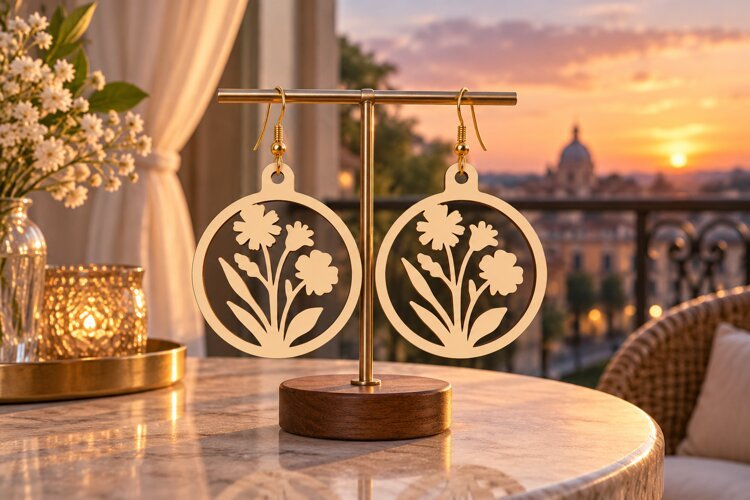 Round Floral Spring Sunset Wooden Earrings Laser Cut SVG example image 1