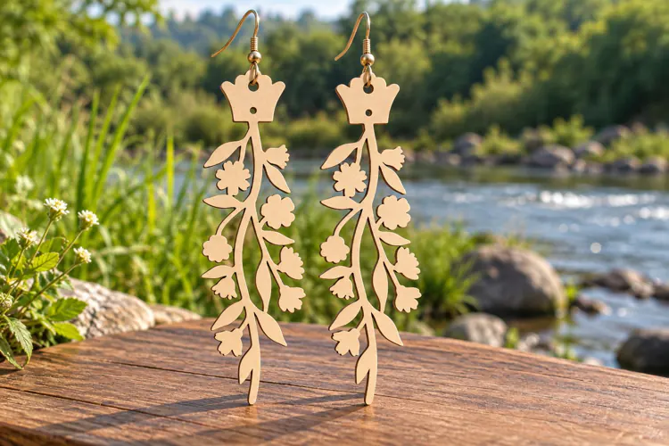 Long Drop Floral Vine Wooden Earrings Laser Cut SVG, Botanic