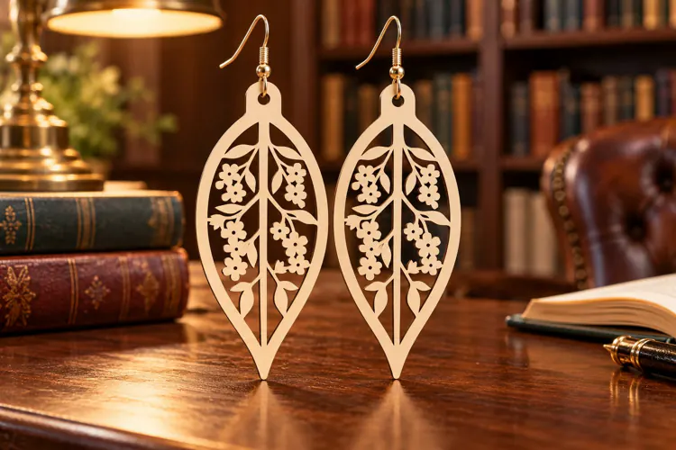 Long Leaf Floral Vine Wooden Earrings Laser Cut SVG, Botanic