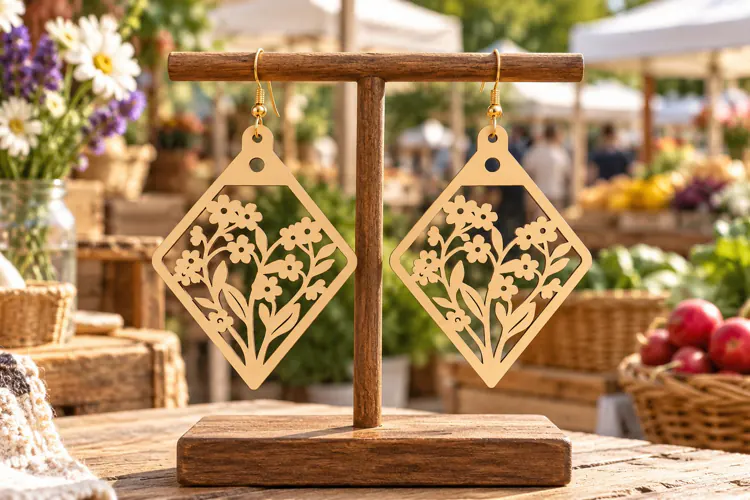 Diamond Floral Garden Wooden Earrings Laser Cut SVG, Geometr