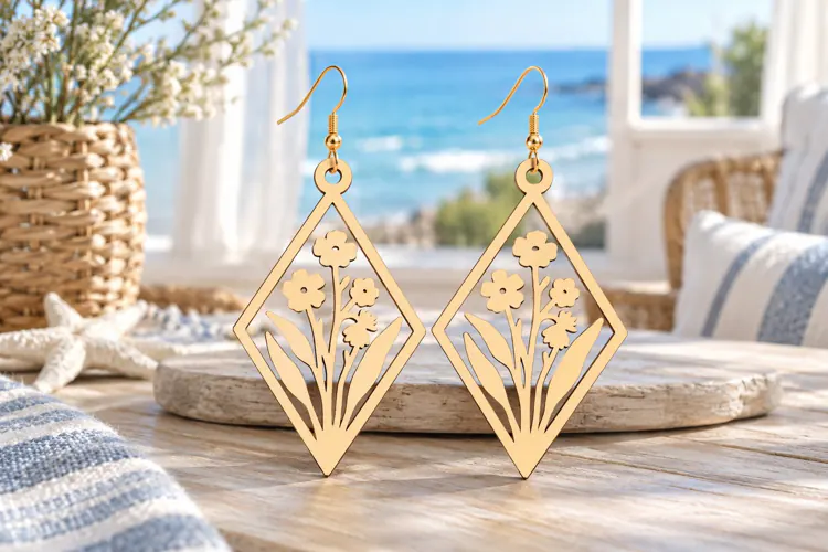 Diamond Floral Nature Wooden Earrings Laser Cut SVG