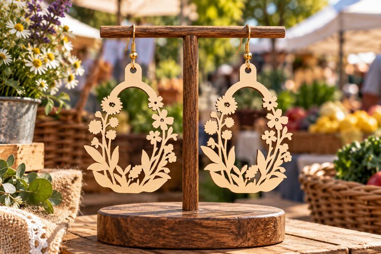 Oval Floral Meadow Wooden Earrings Laser Cut SVG, Botanical example image 1