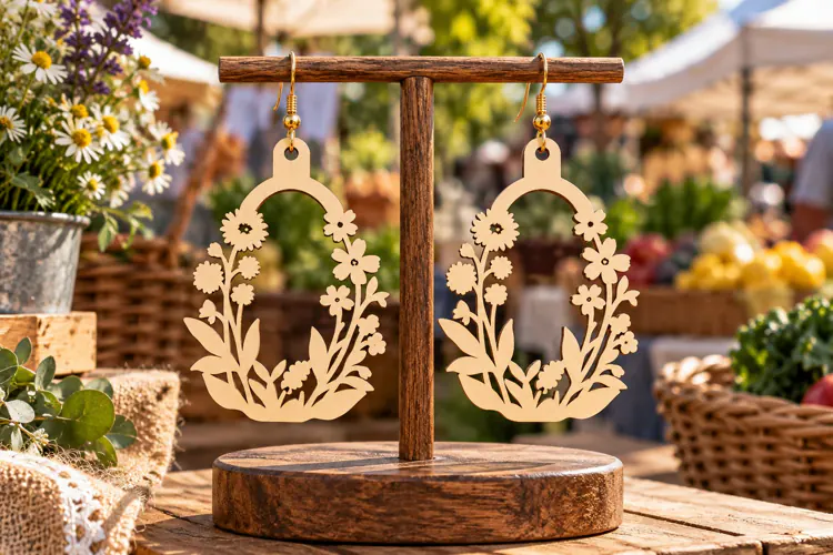 Oval Floral Meadow Wooden Earrings Laser Cut SVG, Botanical
