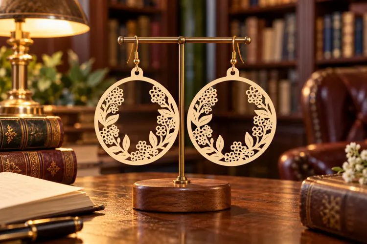 Round Floral Wreath Wooden Earrings Laser Cut SVG, Circular