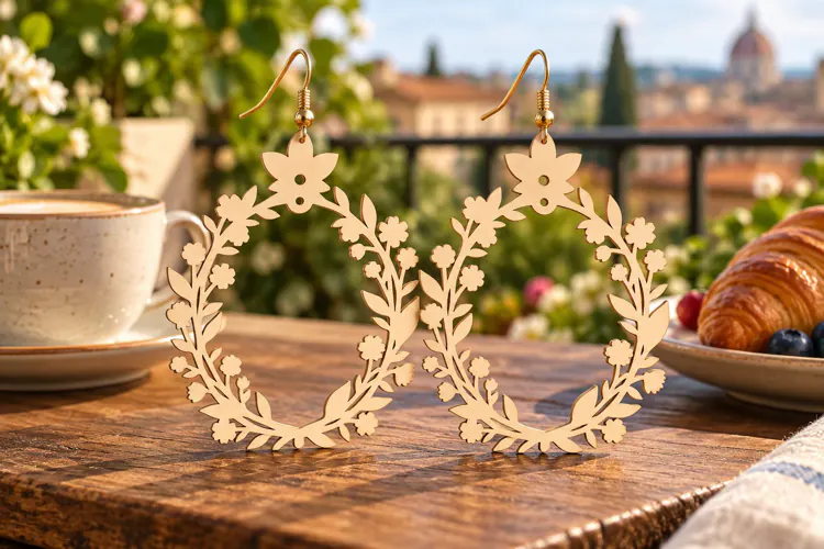 Double Round Floral Wreath Wooden Earrings Laser Cut SVG,