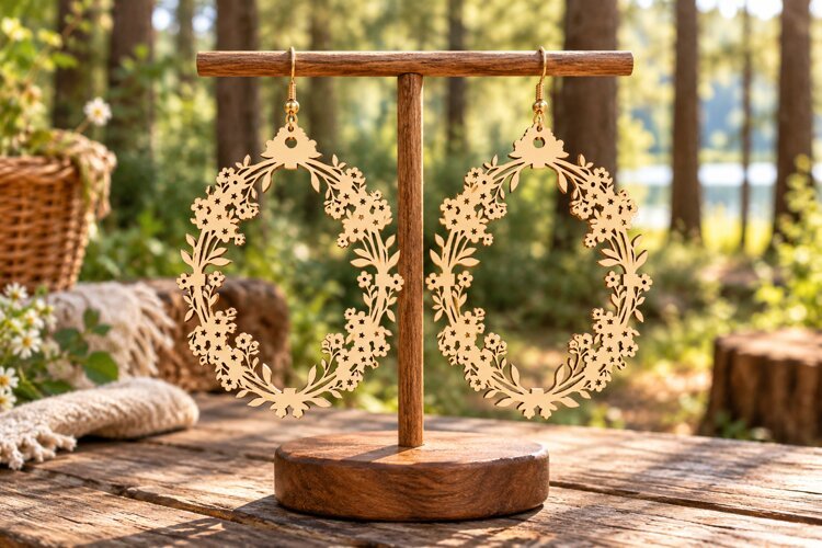 Large Round Floral Wreath Wooden Earrings Laser Cut SVG example image 1