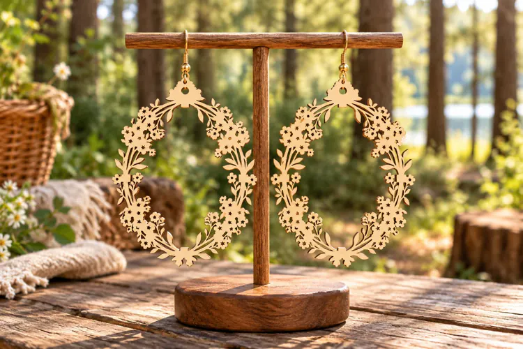 Large Round Floral Wreath Wooden Earrings Laser Cut SVG