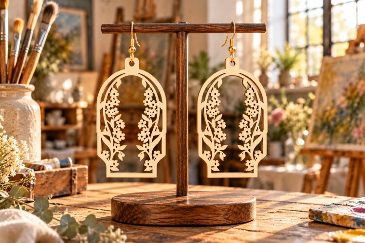 Narrow Arch Floral Meadow Wooden Earrings Laser Cut SVG example image 1