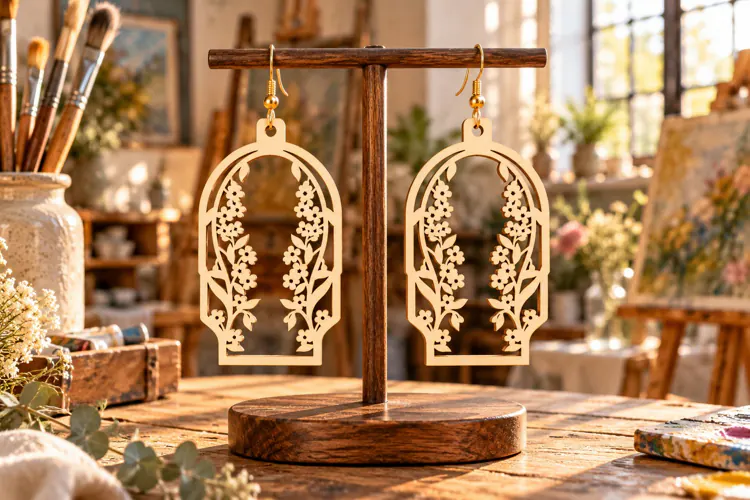 Narrow Arch Floral Meadow Wooden Earrings Laser Cut SVG
