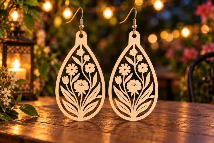 Large Teardrop Floral Garden Wooden Earrings Laser Cut SVG