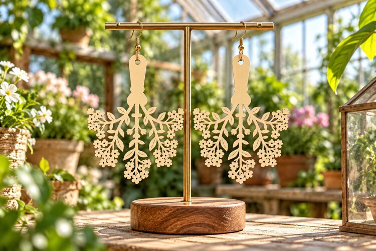 Long Floral Vine Wooden Earrings Laser Cut SVG, Botanical example image 1