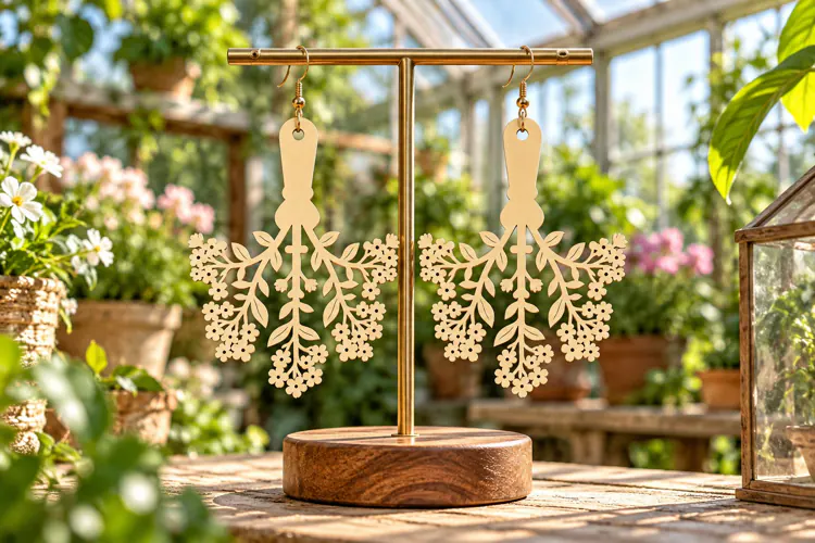 Long Floral Vine Wooden Earrings Laser Cut SVG, Botanical