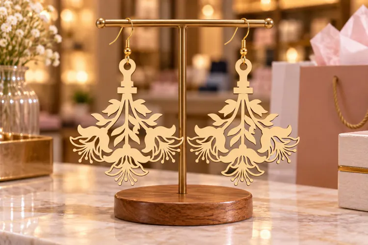 Elaborate Floral Flourish Wooden Earrings Laser Cut SVG