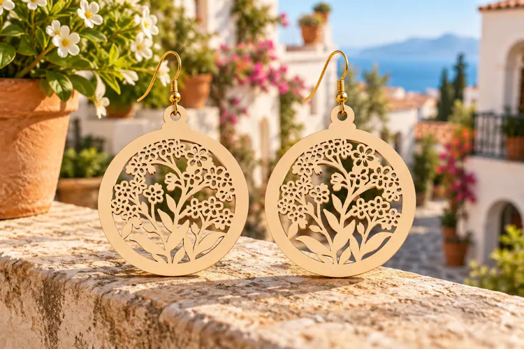 Round Floral Garden Wooden Earrings Laser Cut SVG, Circular