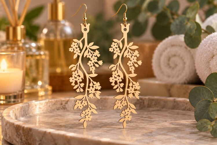 Long Drop Floral Vine Wooden Earrings Laser Cut SVG, Botanic example image 1