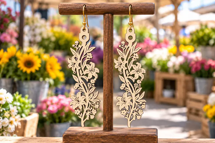 Elaborate Long Floral Vine Wooden Earrings Laser Cut SVG,
