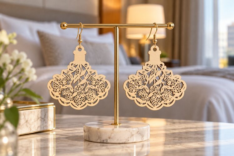 Fan Shape Floral Flourish Wooden Earrings Laser Cut SVG, Art example image 1