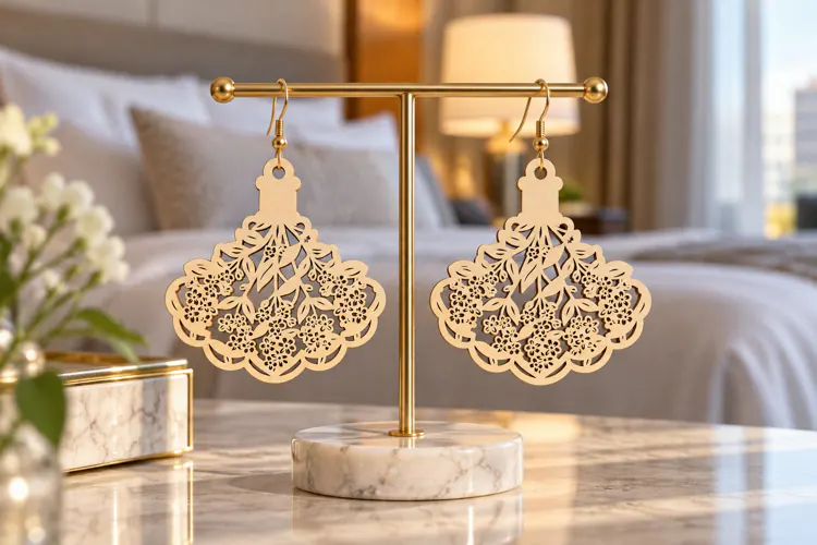 Fan Shape Floral Flourish Wooden Earrings Laser Cut SVG, Art