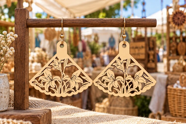 Fan Shape Floral Meadow Wooden Earrings Laser Cut SVG, Art example image 1