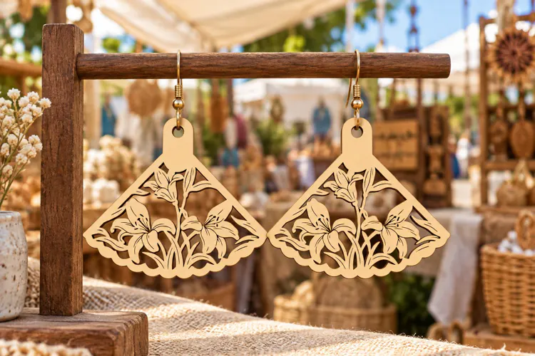 Fan Shape Floral Meadow Wooden Earrings Laser Cut SVG, Art