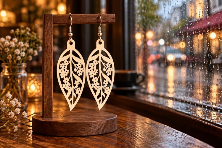 Teardrop Floral Garden Wooden Earrings Laser Cut SVG, Botani example image 1