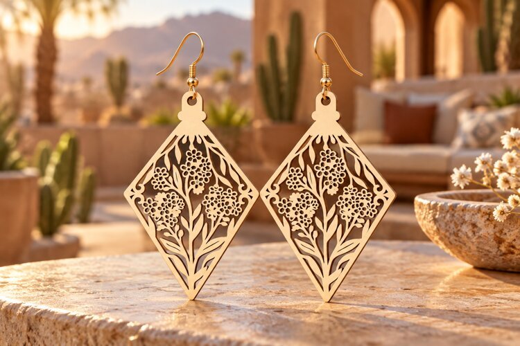 Diamond Floral Meadow Wooden Earrings Laser Cut SVG, Geometr example image 1