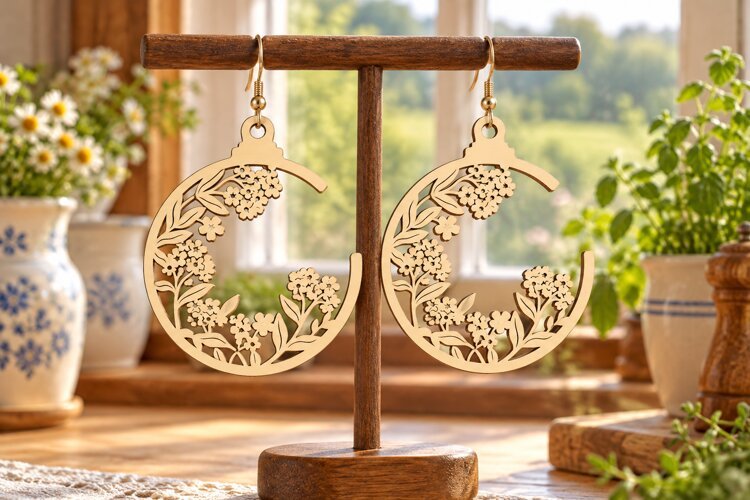 Round Open Floral Meadow Wooden Earrings Laser Cut SVG example image 1