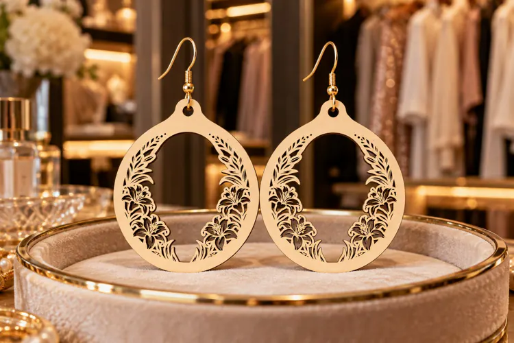 Round Floral Wreath Wooden Earrings Laser Cut SVG, Circular