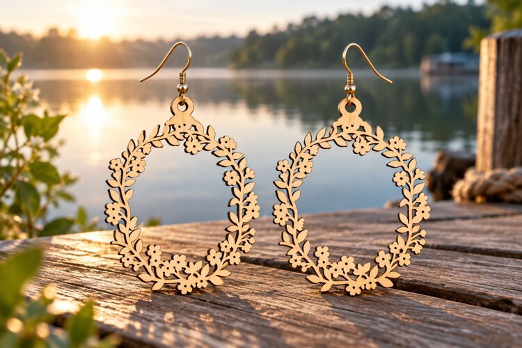 Large Round Floral Wreath Wooden Earrings Laser Cut SVG example image 1