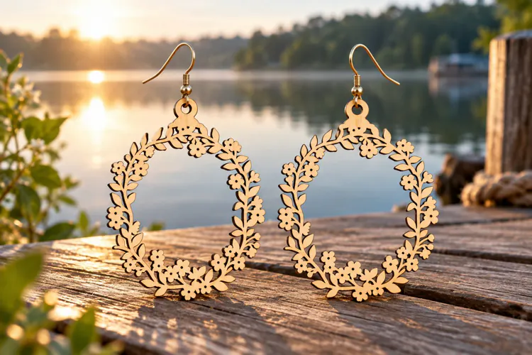 Large Round Floral Wreath Wooden Earrings Laser Cut SVG