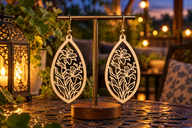 Large Teardrop Floral Garden Wooden Earrings Laser Cut SVG