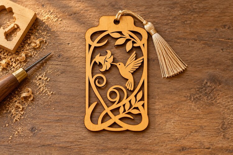 Rectangle Hummingbird Floral Vine Bookmark Laser Cut SVG, example image 1