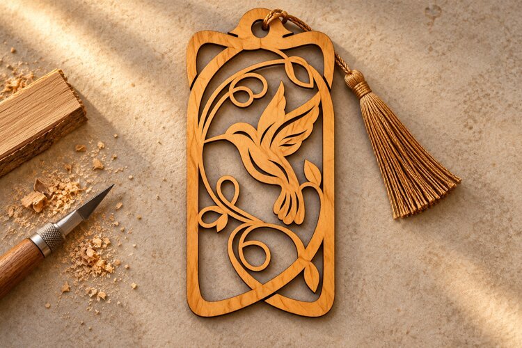 Rectangle Hummingbird Flourish Floral Bookmark Laser Cut example image 1