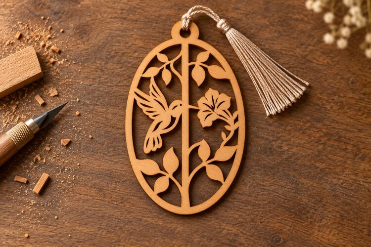 Oval Hummingbird Floral Vine Bookmark Laser Cut SVG, example image 1