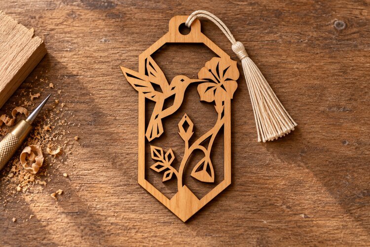 Hexagon Hummingbird Floral Blossom Bookmark Laser Cut SVG, example image 1