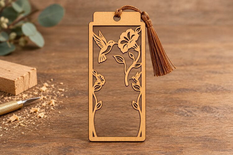 Rectangle Hummingbird Floral Vine Bookmark Laser Cut SVG, example image 1