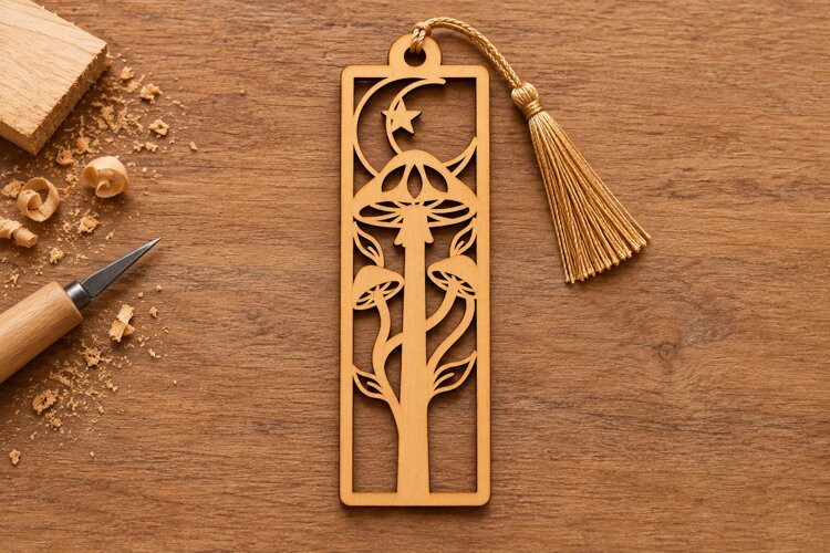 Rectangle Celestial Mushroom Moon Bookmark Laser Cut SVG, example image 1