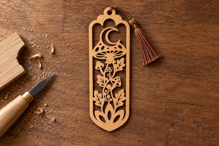 Rectangle Celestial Mushroom Moon Bookmark Laser Cut SVG, example image 1